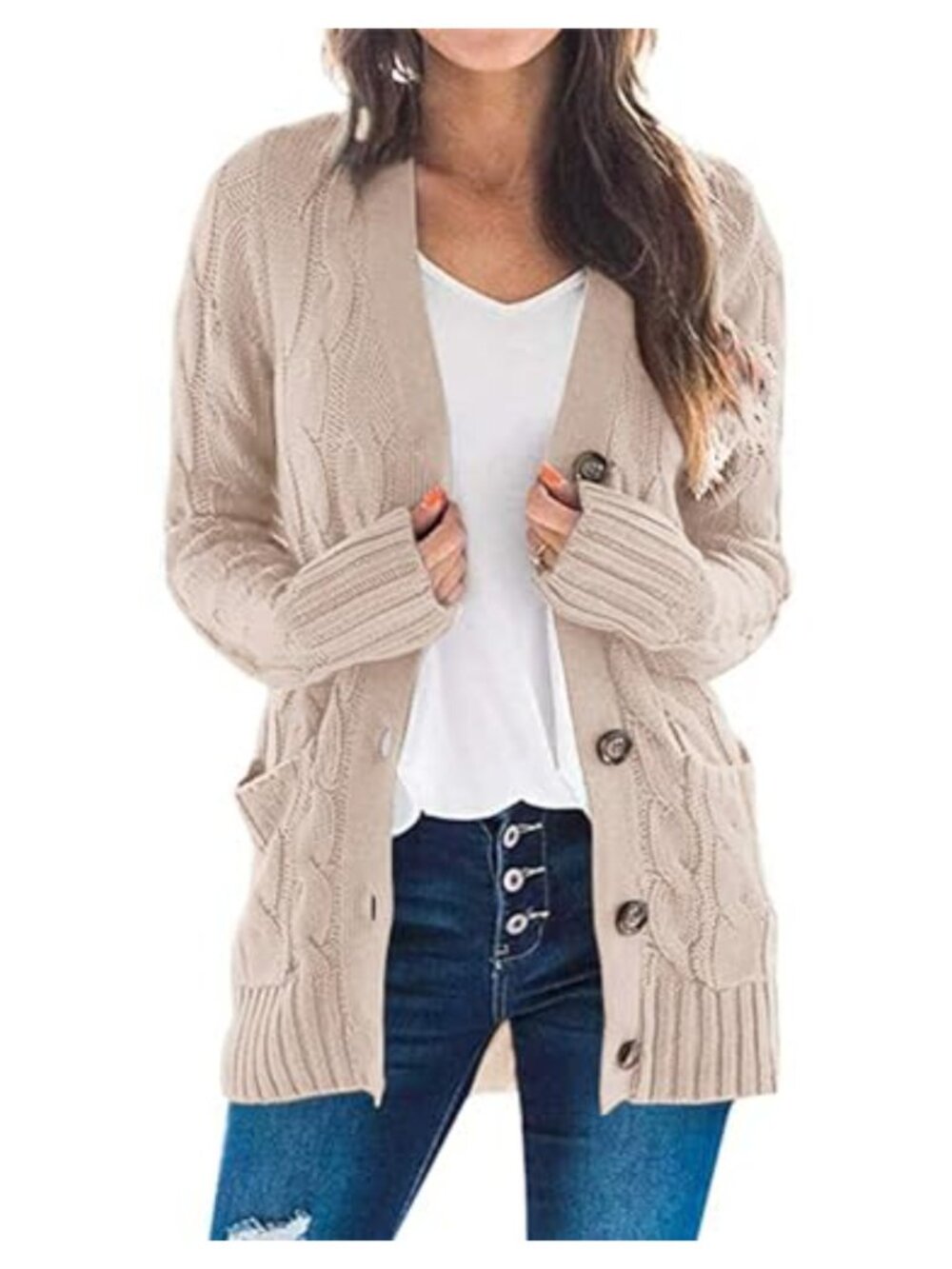 Cable Knit Cardigan Sweater for Women Button Open Front Lightweight Fall Fashion